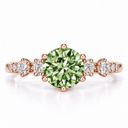 Green Round Cut Lab Grown Diamond Engagement Ring - Cluster Shoulders in rose gold, front view