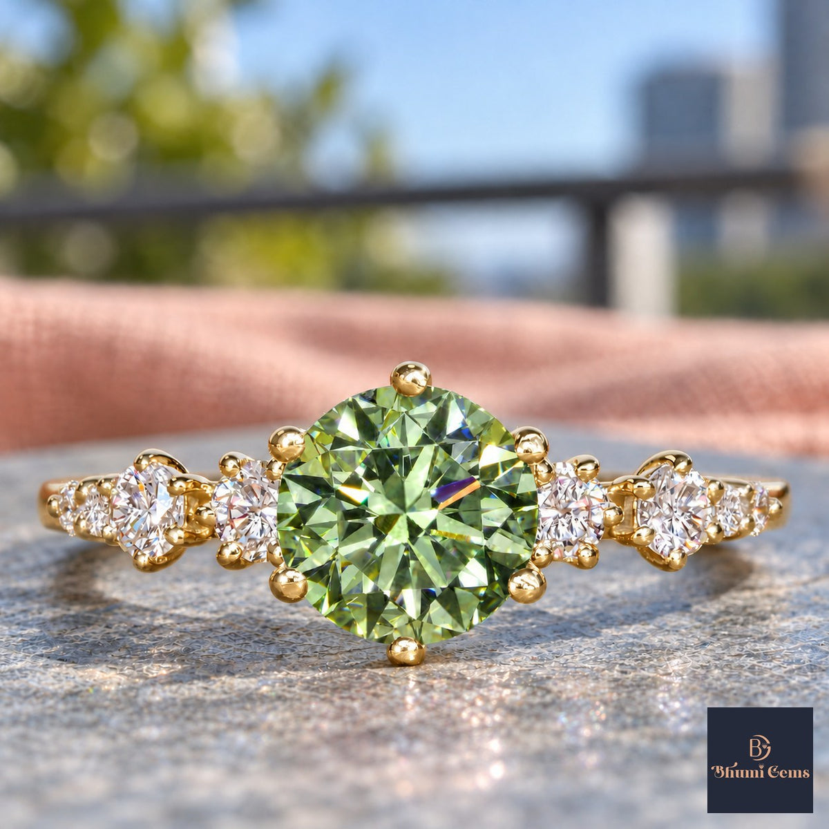 Green Round Cut Lab Grown Diamond Engagement Ring - Cluster Shoulders in yellow gold, close-up