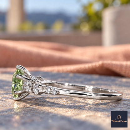 Green Round Cut Lab Grown Diamond Engagement Ring - Cluster Shoulders in white gold, side view