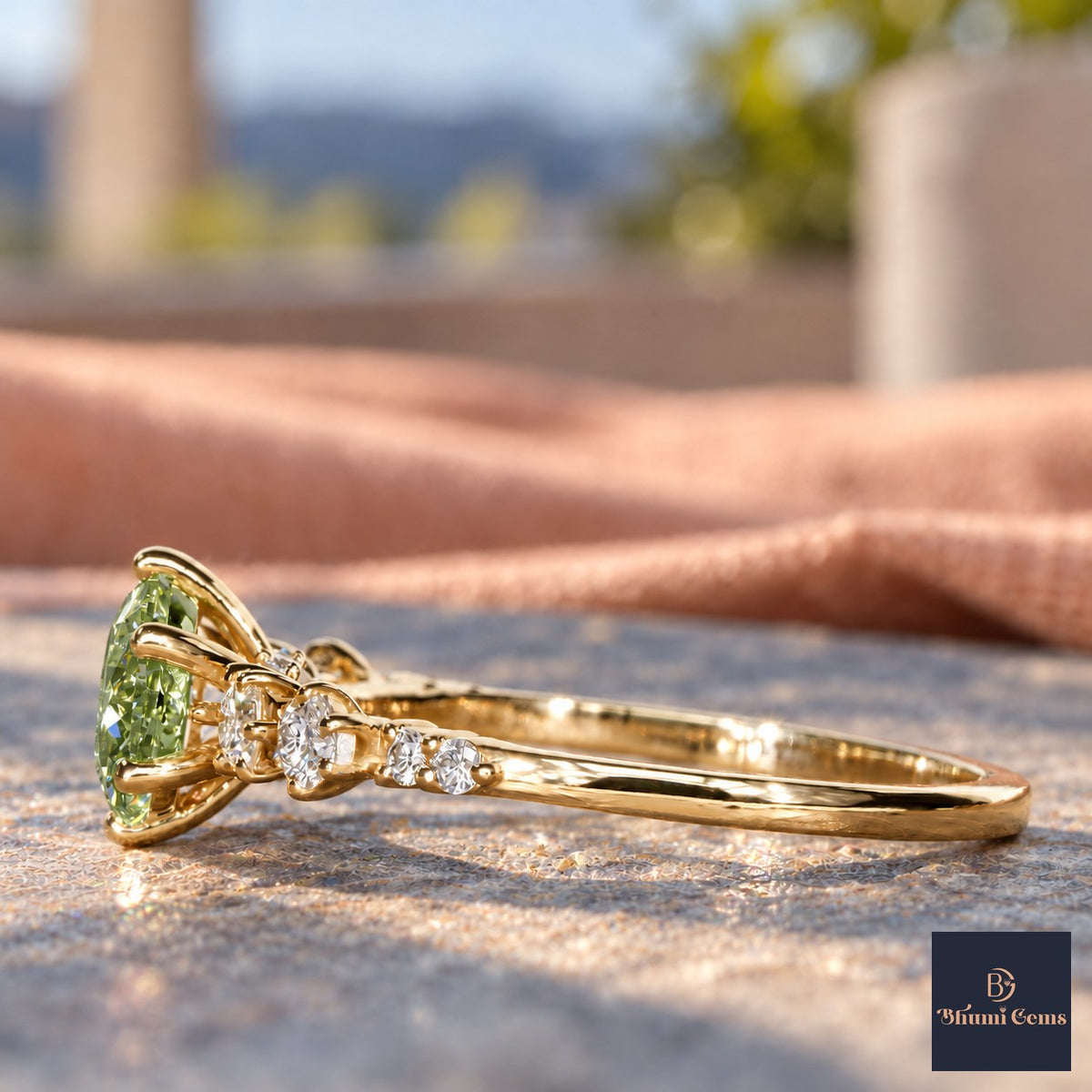 Green Round Cut Lab Grown Diamond Engagement Ring - Cluster Shoulders in yellow gold, side view