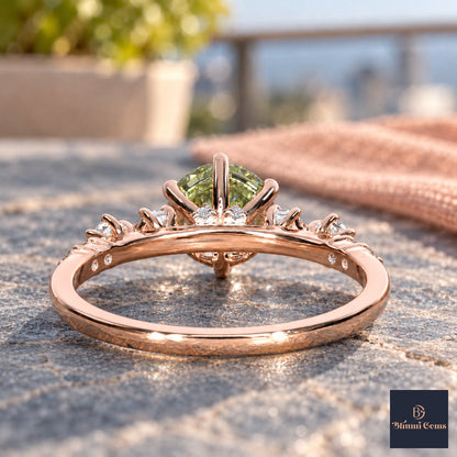 Green Round Cut Lab Grown Diamond Engagement Ring - Cluster Shoulders in rose gold, gallery view