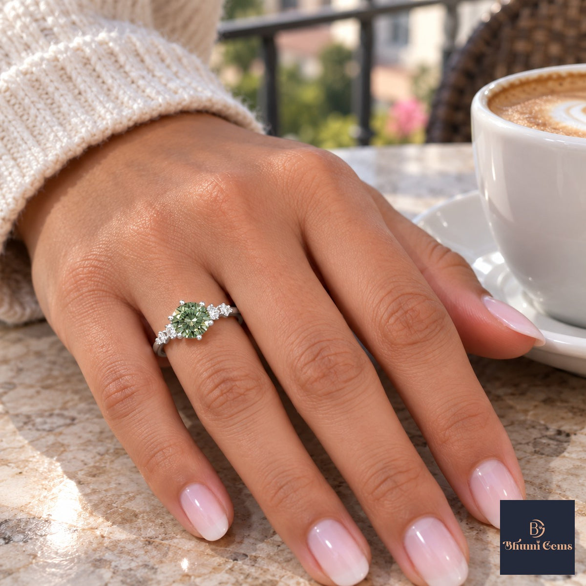 Green Round Cut Lab Grown Diamond Engagement Ring - Cluster Shoulders in white gold, on the hand