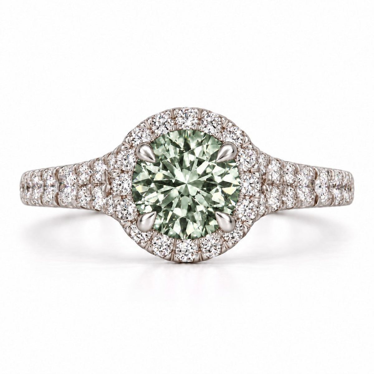 Green Round Cut Lab Grown Diamond Engagement Ring - Halo Pave in white gold, front view