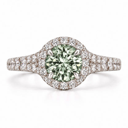 Green Round Cut Lab Grown Diamond Engagement Ring - Halo Pave in white gold, front view
