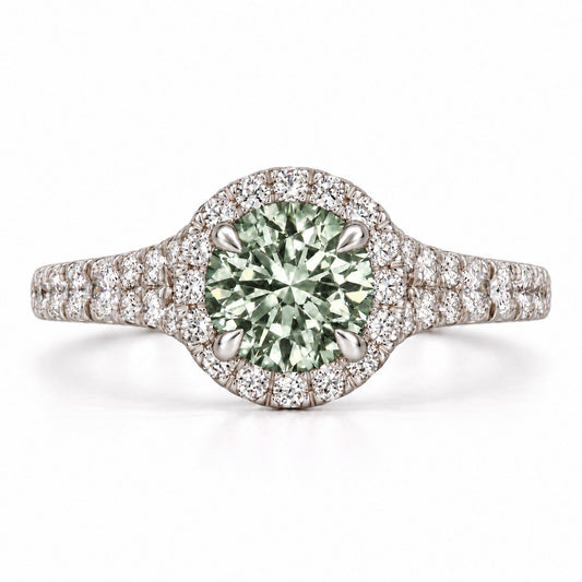 Green Round Cut Lab Grown Diamond Engagement Ring - Halo Pave in white gold, front view
