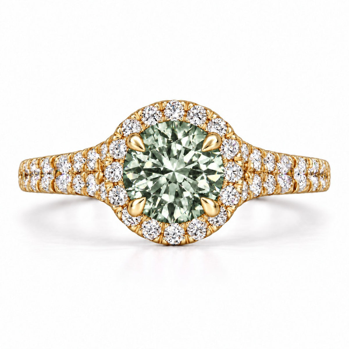 Green Round Cut Lab Grown Diamond Engagement Ring - Halo Pave in yellow gold, front view
