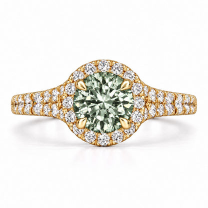 Green Round Cut Lab Grown Diamond Engagement Ring - Halo Pave in yellow gold, front view