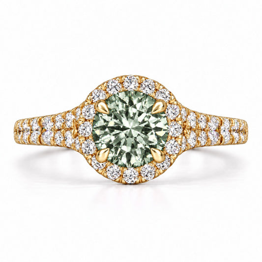 Green Round Cut Lab Grown Diamond Engagement Ring - Halo Pave in yellow gold, front view