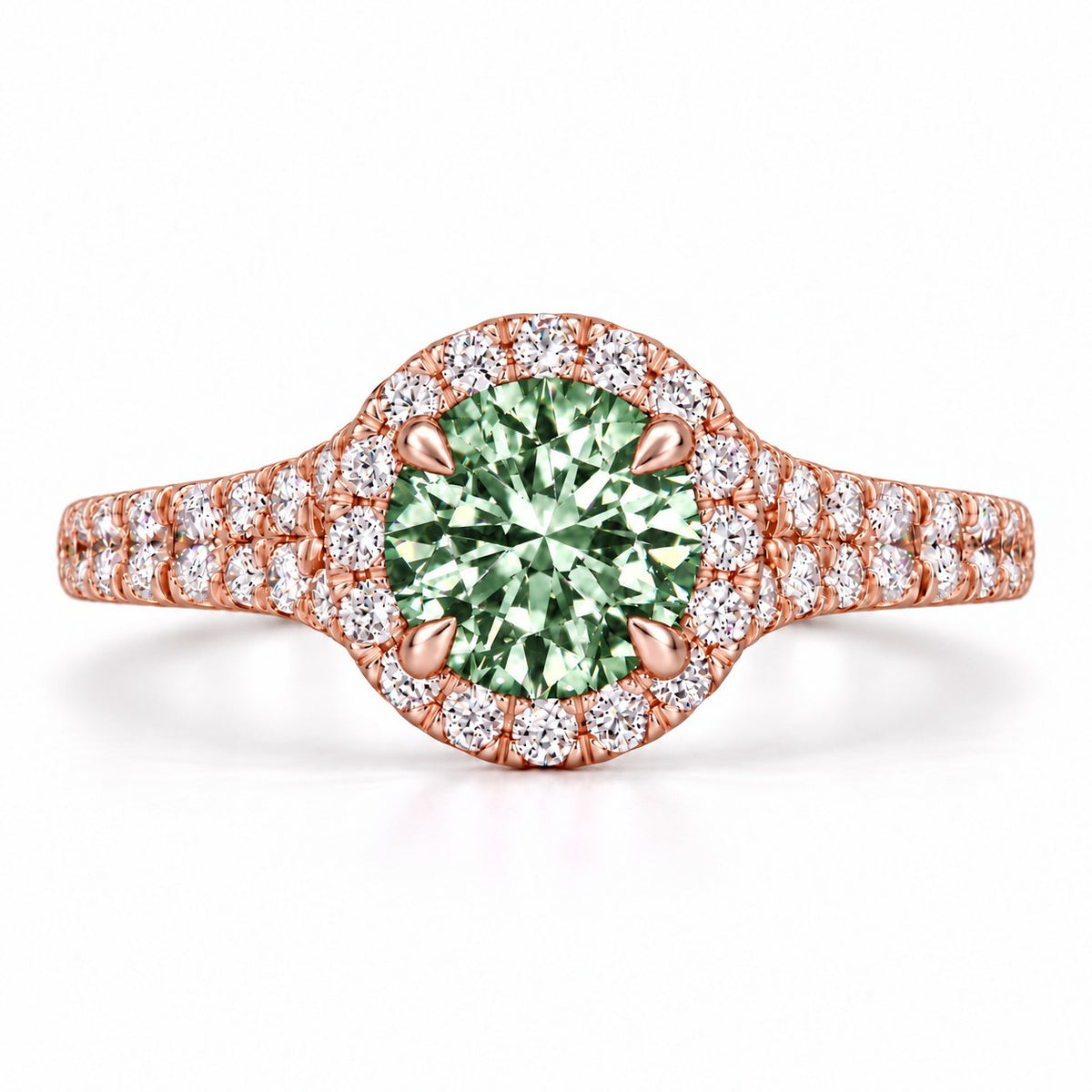 Green Round Cut Lab Grown Diamond Engagement Ring - Halo Pave in rose gold, front view
