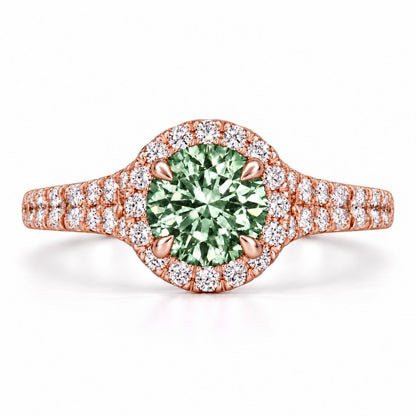 Green Round Cut Lab Grown Diamond Engagement Ring - Halo Pave in rose gold, front view