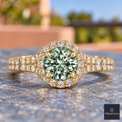Green Round Cut Lab Grown Diamond Engagement Ring - Halo Pave in yellow gold, close-up