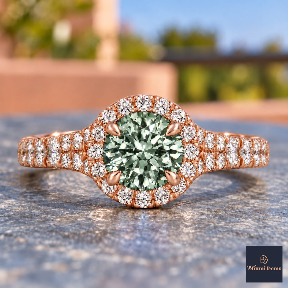 Green Round Cut Lab Grown Diamond Engagement Ring - Halo Pave in rose gold, close-up