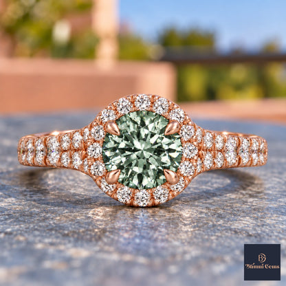 Green Round Cut Lab Grown Diamond Engagement Ring - Halo Pave in rose gold, close-up