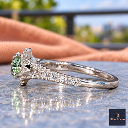 Green Round Cut Lab Grown Diamond Engagement Ring - Halo Pave in white gold, side view