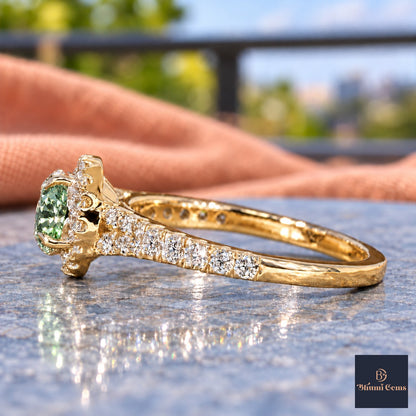 Green Round Cut Lab Grown Diamond Engagement Ring - Halo Pave in yellow gold, side view