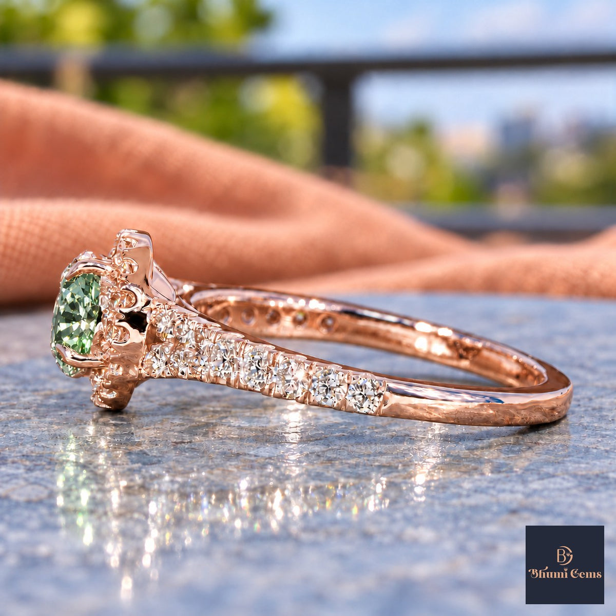 Green Round Cut Lab Grown Diamond Engagement Ring - Halo Pave in rose gold, side view