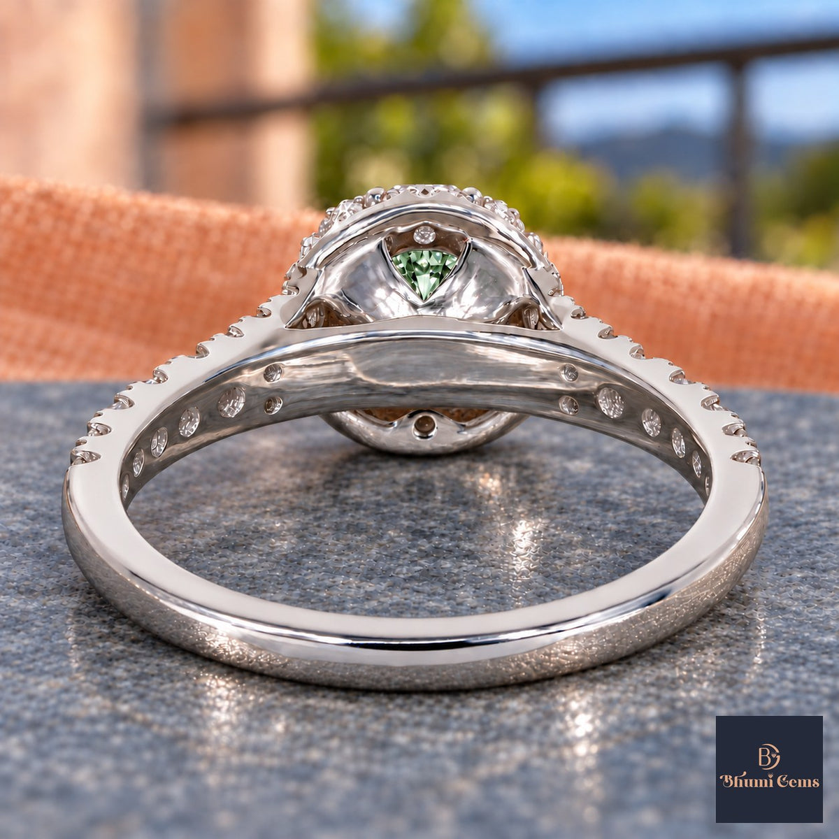 Green Round Cut Lab Grown Diamond Engagement Ring - Halo Pave in white gold, gallery view