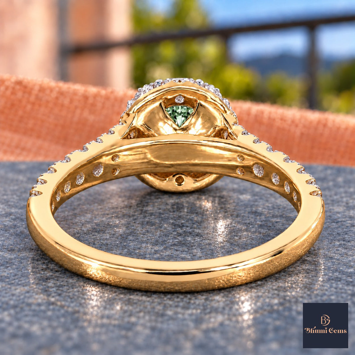 Green Round Cut Lab Grown Diamond Engagement Ring - Halo Pave in yellow gold, gallery view