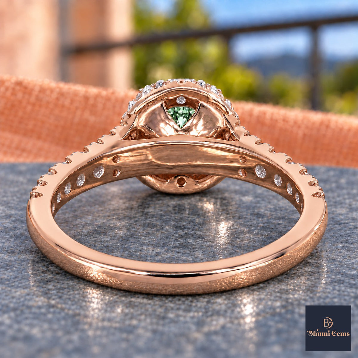 Green Round Cut Lab Grown Diamond Engagement Ring - Halo Pave in rose gold, gallery view
