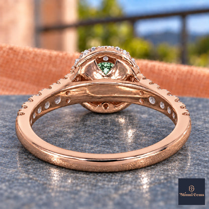 Green Round Cut Lab Grown Diamond Engagement Ring - Halo Pave in rose gold, gallery view