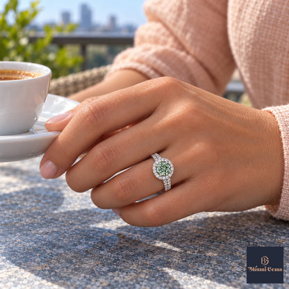 Green Round Cut Lab Grown Diamond Engagement Ring - Halo Pave in white gold, on the hand