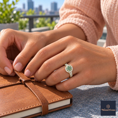 Green Round Cut Lab Grown Diamond Engagement Ring - Halo Pave in yellow gold, on the hand