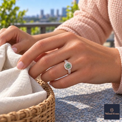Green Round Cut Lab Grown Diamond Engagement Ring - Halo Pave in rose gold, on the hand