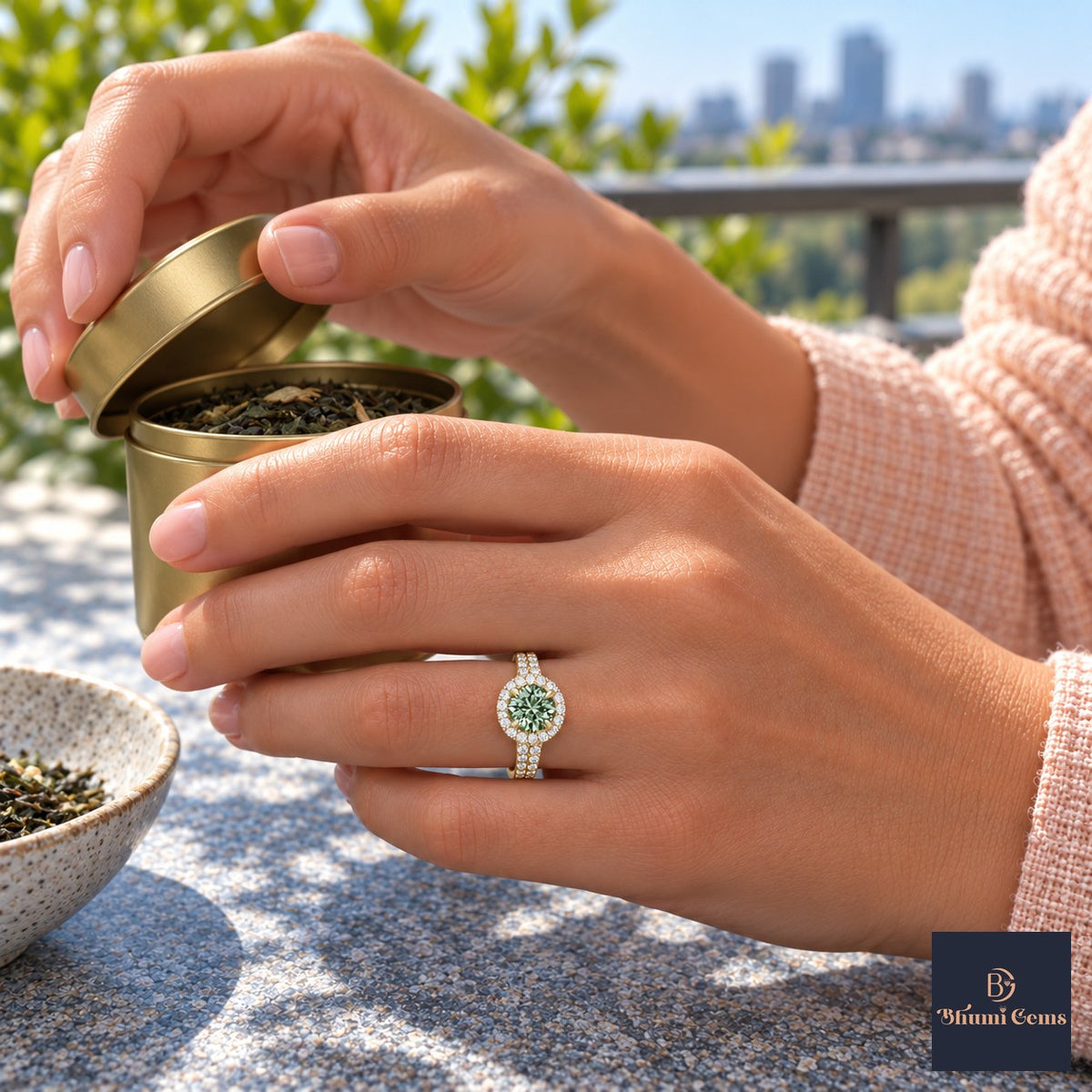 Green Round Cut Lab Grown Diamond Engagement Ring - Halo Pave in yellow gold, worn on the hand