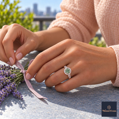 Green Round Cut Lab Grown Diamond Engagement Ring - Halo Pave in rose gold, worn on the hand
