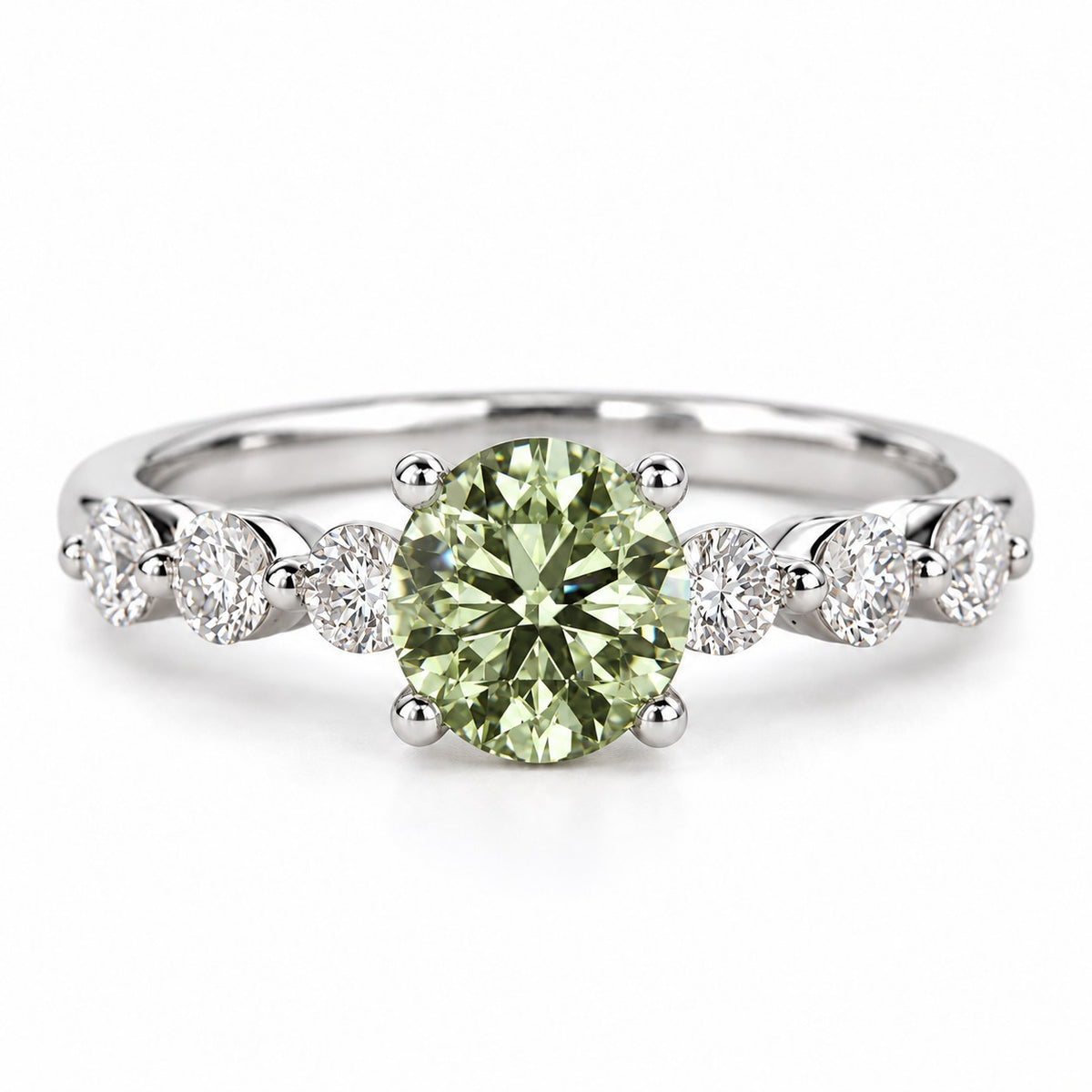 Green Round Cut Lab Grown Diamond Engagement Ring - Marquise and Round Station Band in white gold, front view