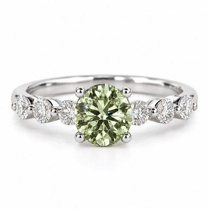 Green Round Cut Lab Grown Diamond Engagement Ring - Marquise and Round Station Band in white gold, front view