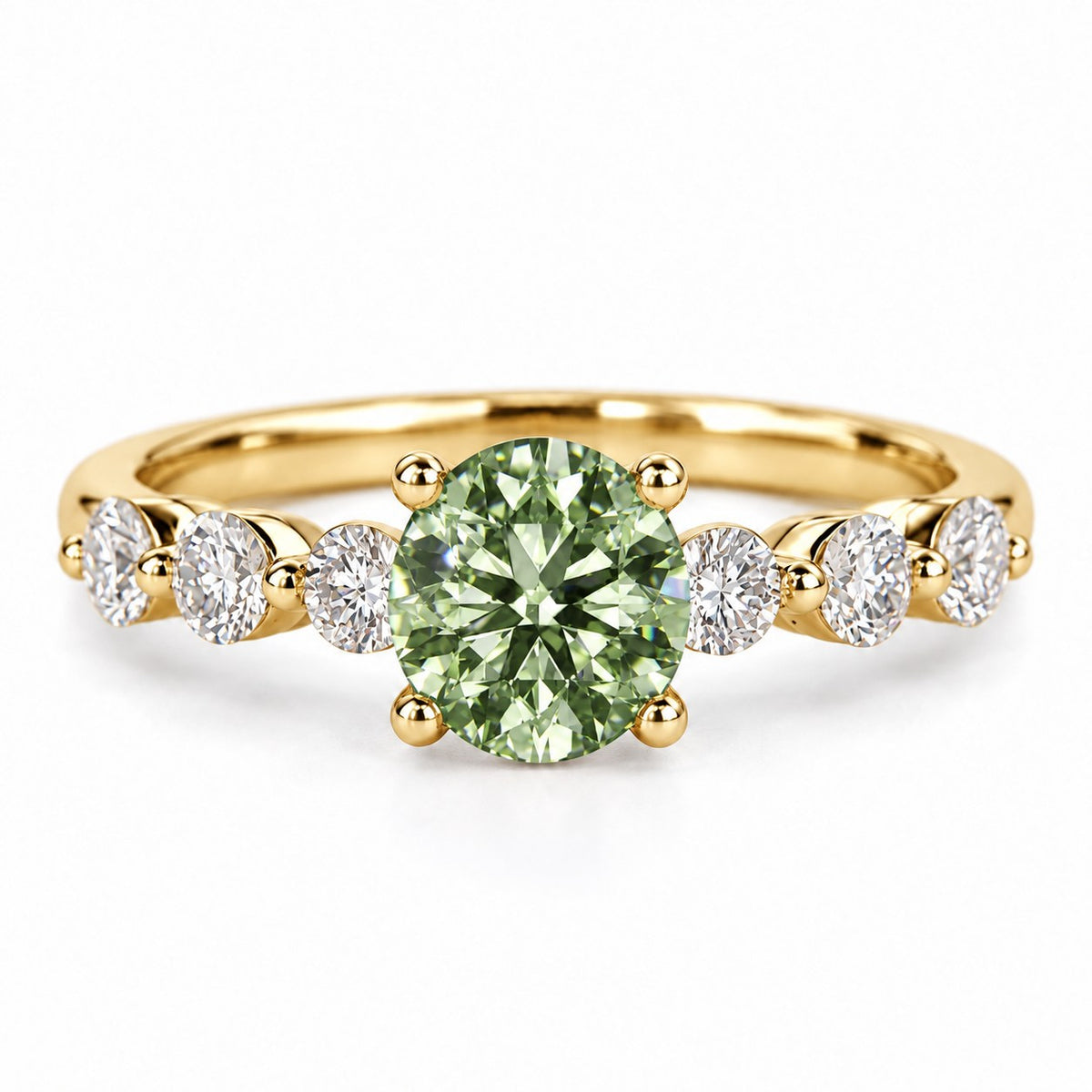 Green Round Cut Lab Grown Diamond Engagement Ring - Marquise and Round Station Band in yellow gold, front view