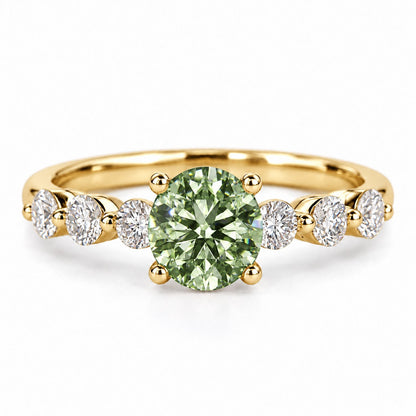 Green Round Cut Lab Grown Diamond Engagement Ring - Marquise and Round Station Band in yellow gold, front view