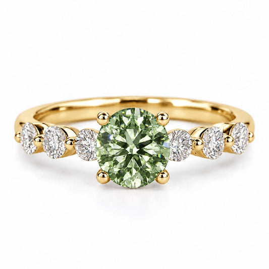 Green Round Cut Lab Grown Diamond Engagement Ring - Marquise and Round Station Band in yellow gold, front view