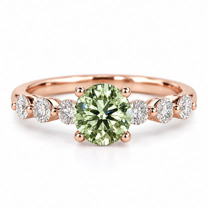 Green Round Cut Lab Grown Diamond Engagement Ring - Marquise and Round Station Band in rose gold, front view