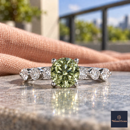 Green Round Cut Lab Grown Diamond Engagement Ring - Marquise and Round Station Band in white gold, close-up