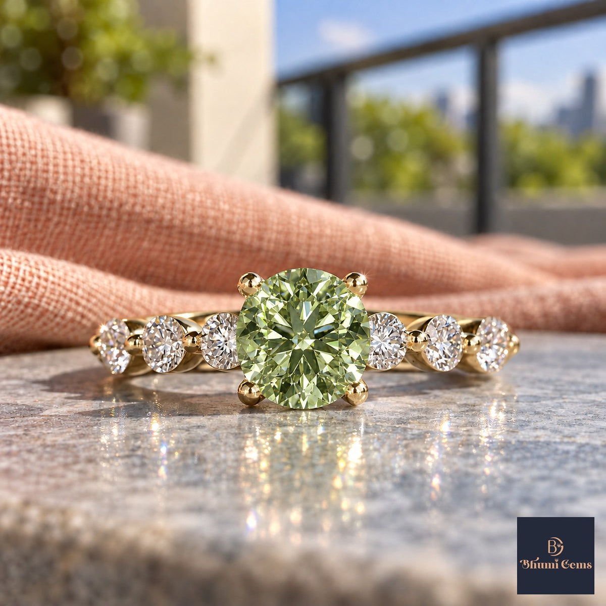 Green Round Cut Lab Grown Diamond Engagement Ring - Marquise and Round Station Band in yellow gold, close-up