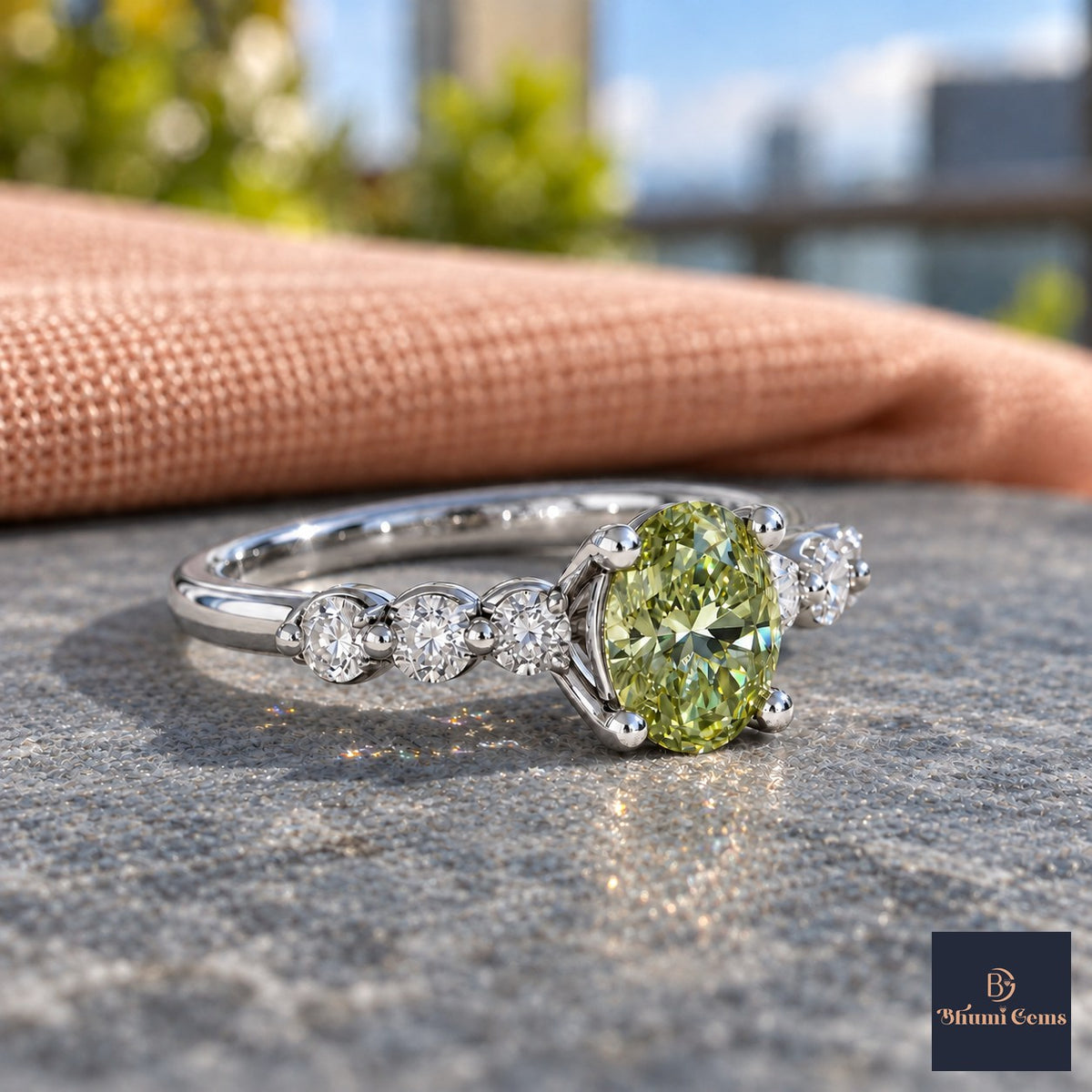 Green Round Cut Lab Grown Diamond Engagement Ring - Marquise and Round Station Band in white gold, side view
