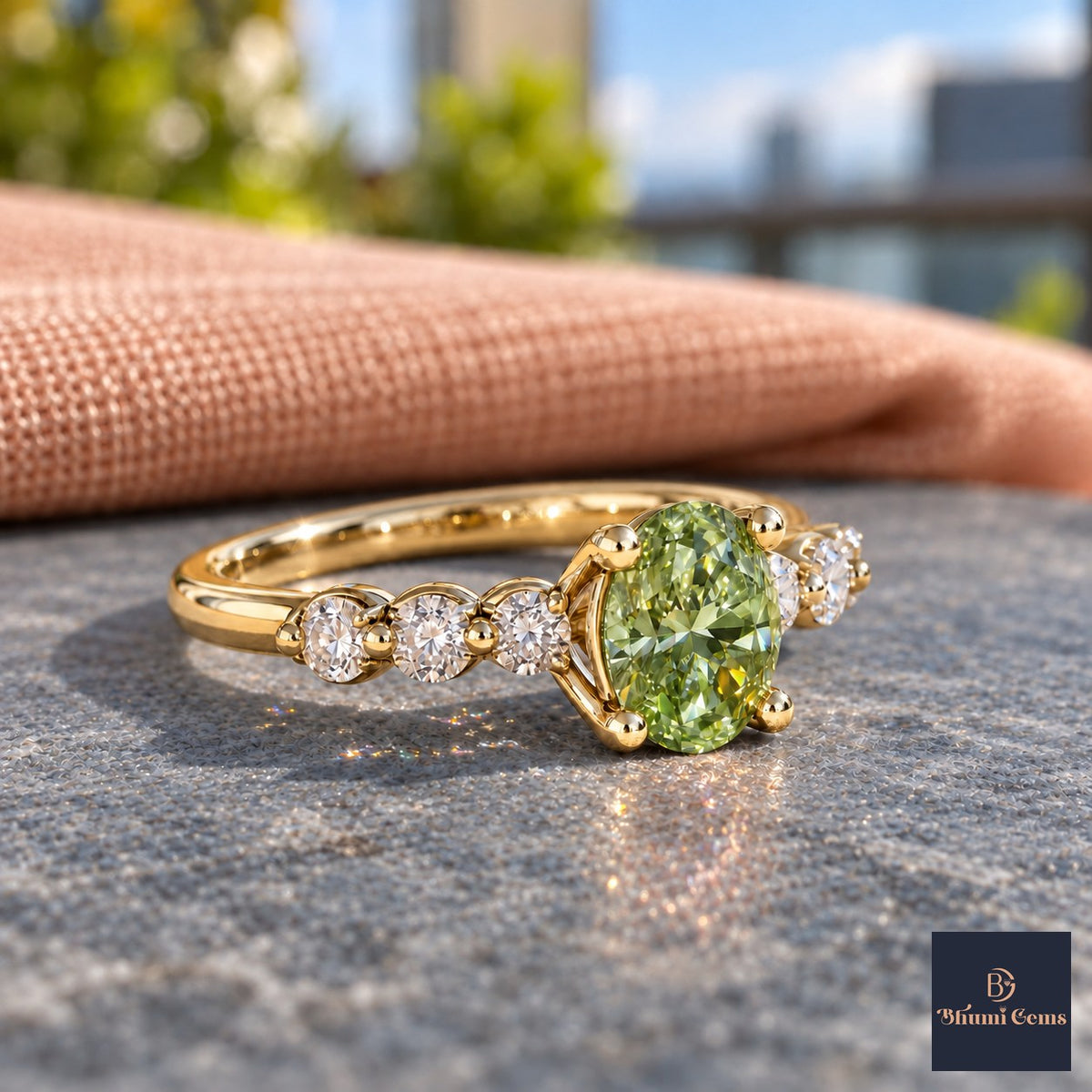 Green Round Cut Lab Grown Diamond Engagement Ring - Marquise and Round Station Band in yellow gold, side view
