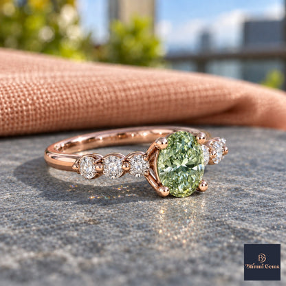 Green Round Cut Lab Grown Diamond Engagement Ring - Marquise and Round Station Band in rose gold, side view