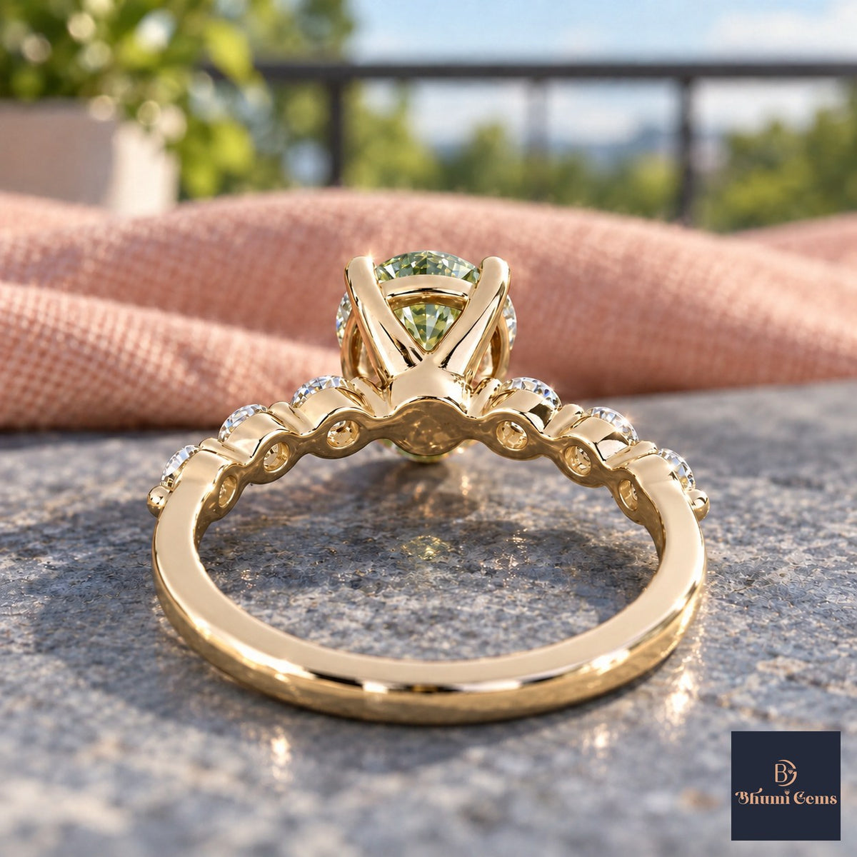 Green Round Cut Lab Grown Diamond Engagement Ring - Marquise and Round Station Band in yellow gold, gallery view
