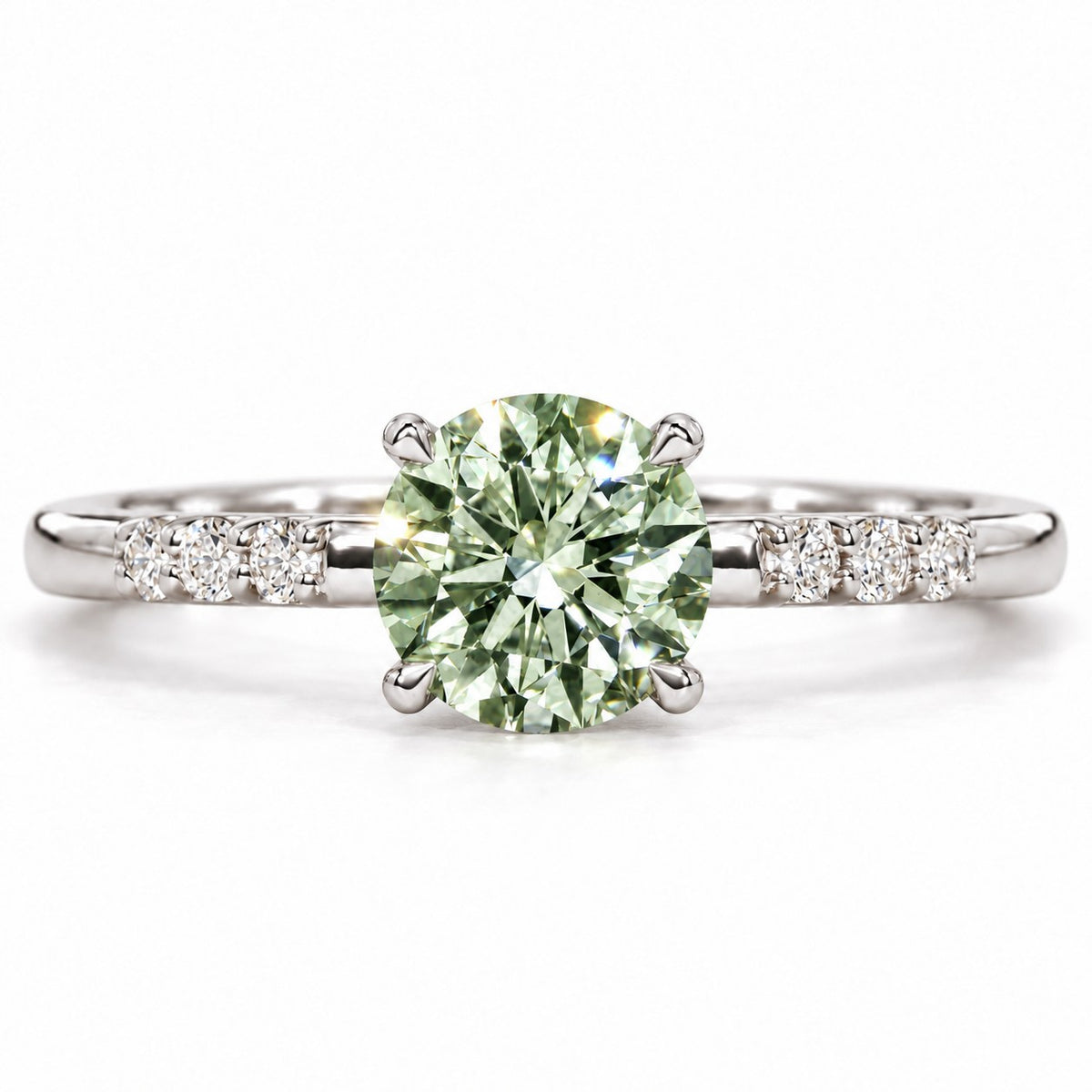 Green Round Cut Lab Grown Diamond Engagement Ring - Pave Shoulders in white gold, front view