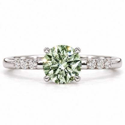 Green Round Cut Lab Grown Diamond Engagement Ring - Pave Shoulders in white gold, front view