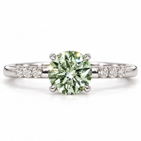 Green Round Cut Lab Grown Diamond Engagement Ring - Pave Shoulders in white gold, front view