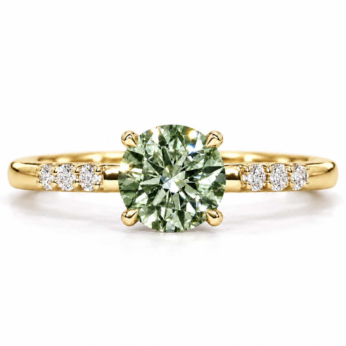 Green Round Cut Lab Grown Diamond Engagement Ring - Pave Shoulders in yellow gold, front view