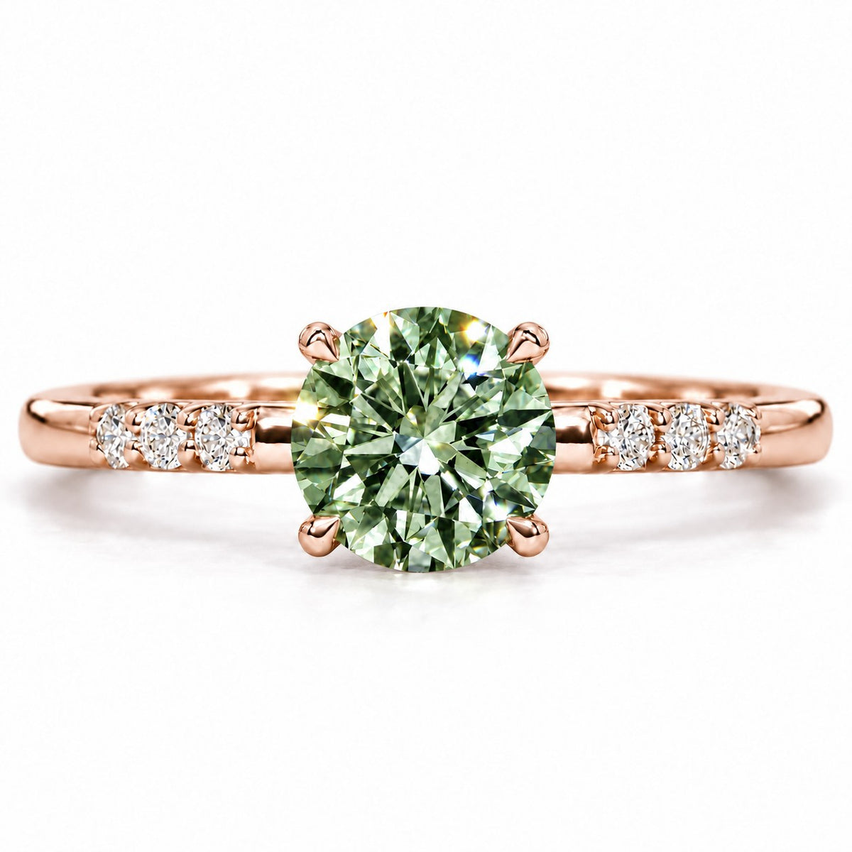 Green Round Cut Lab Grown Diamond Engagement Ring - Pave Shoulders in rose gold, front view