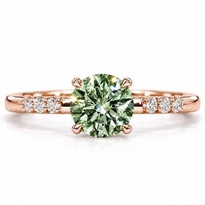 Green Round Cut Lab Grown Diamond Engagement Ring - Pave Shoulders in rose gold, front view