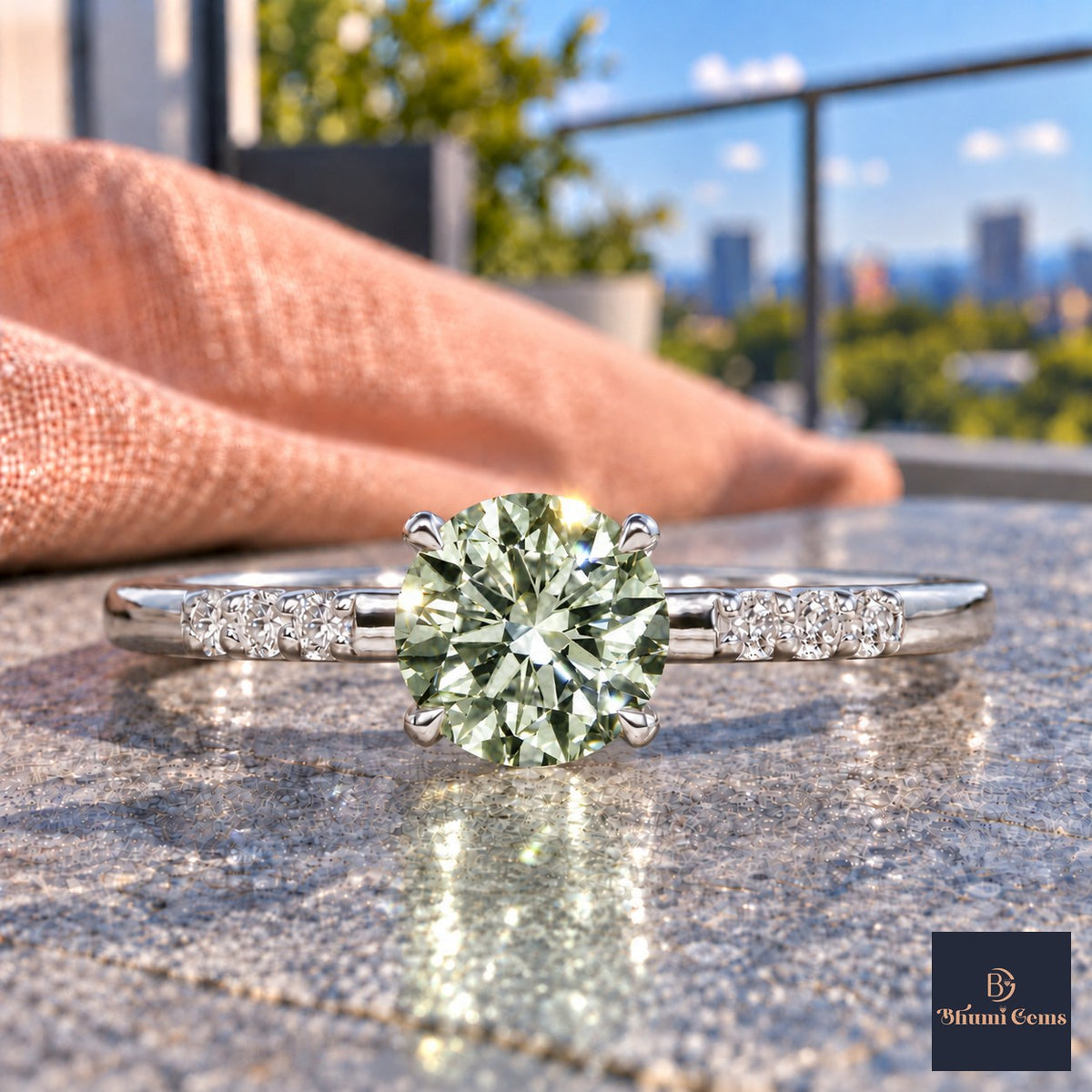 Green Round Cut Lab Grown Diamond Engagement Ring - Pave Shoulders in white gold, close-up