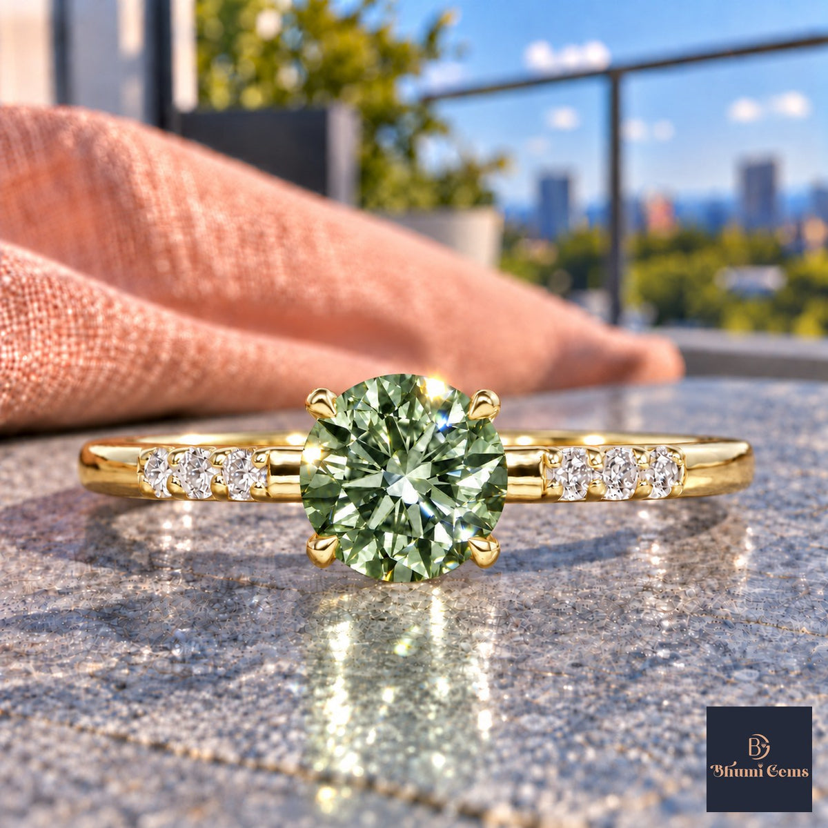 Green Round Cut Lab Grown Diamond Engagement Ring - Pave Shoulders in yellow gold, close-up