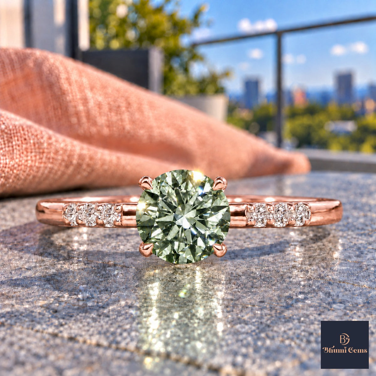 Green Round Cut Lab Grown Diamond Engagement Ring - Pave Shoulders in rose gold, close-up